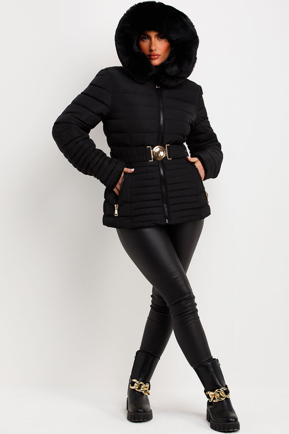 Kahlani | Women’s padded puffer jacket with faux fur hood and belt