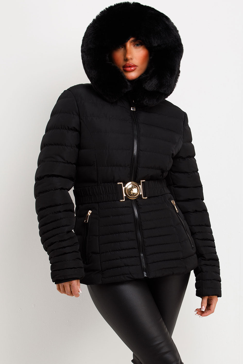 Kahlani | Women’s padded puffer jacket with faux fur hood and belt