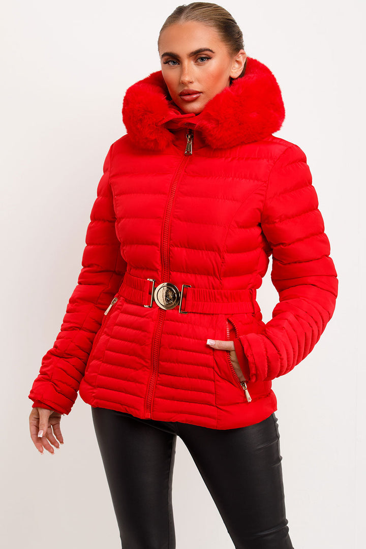 Eleanore | Women’s belted puffer jacket with faux fur hood