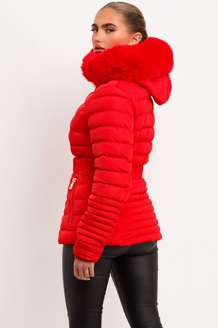 Eleanore | Women’s belted puffer jacket with faux fur hood
