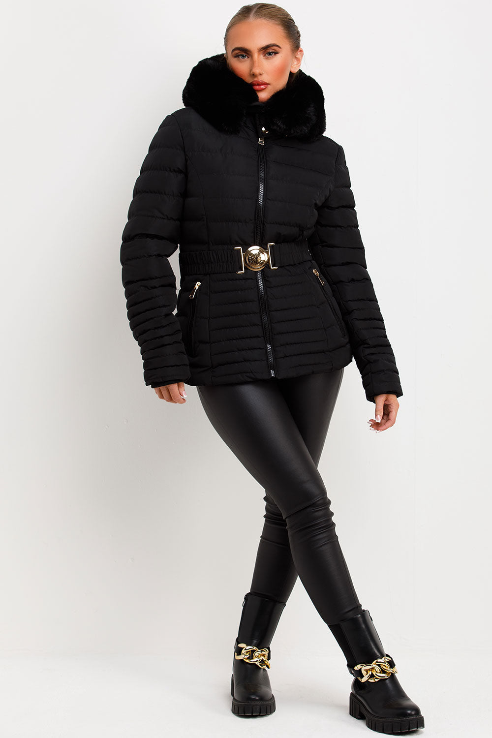 Kahlani | Women’s padded puffer jacket with faux fur hood and belt
