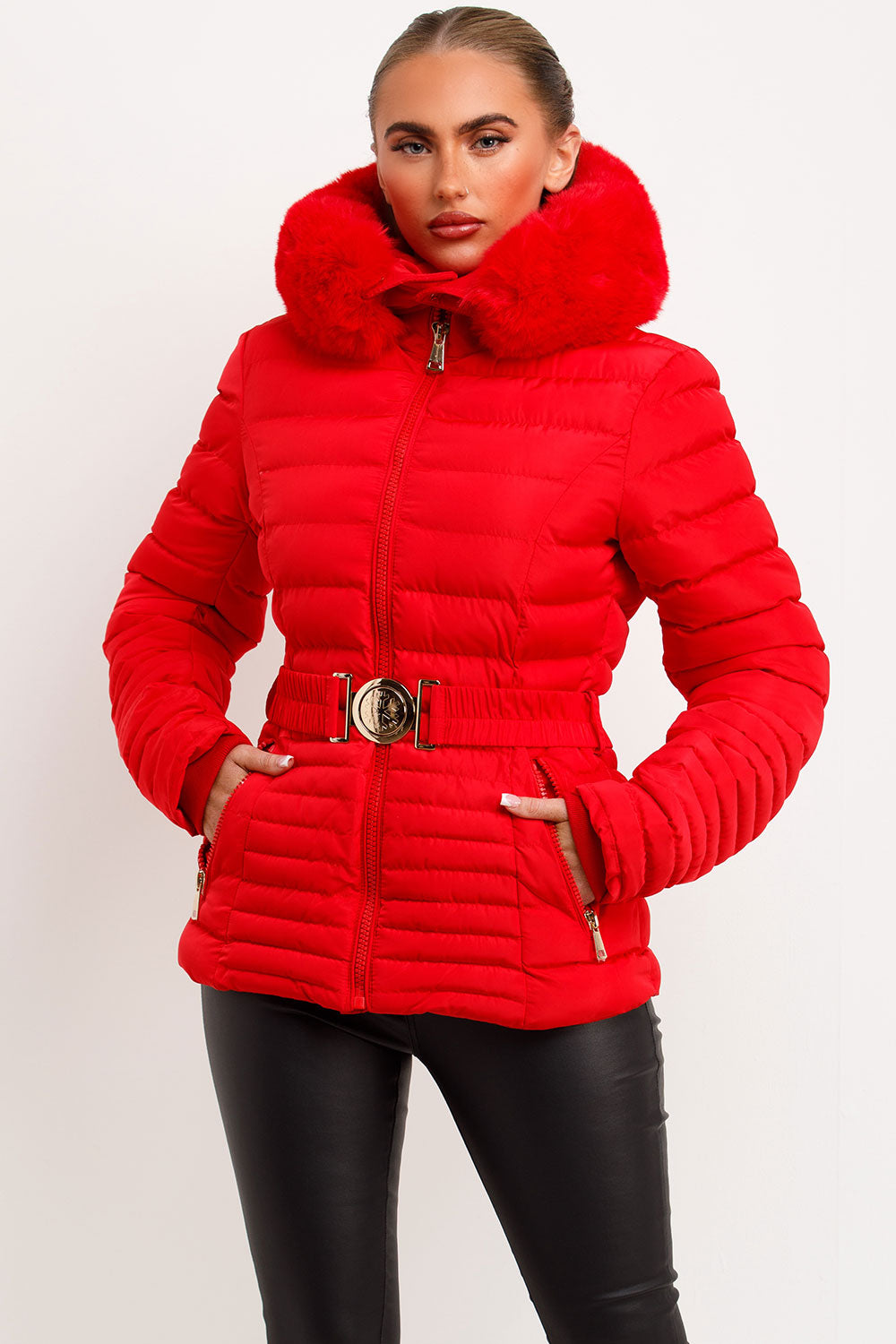 Eleanore | Women’s belted puffer jacket with faux fur hood