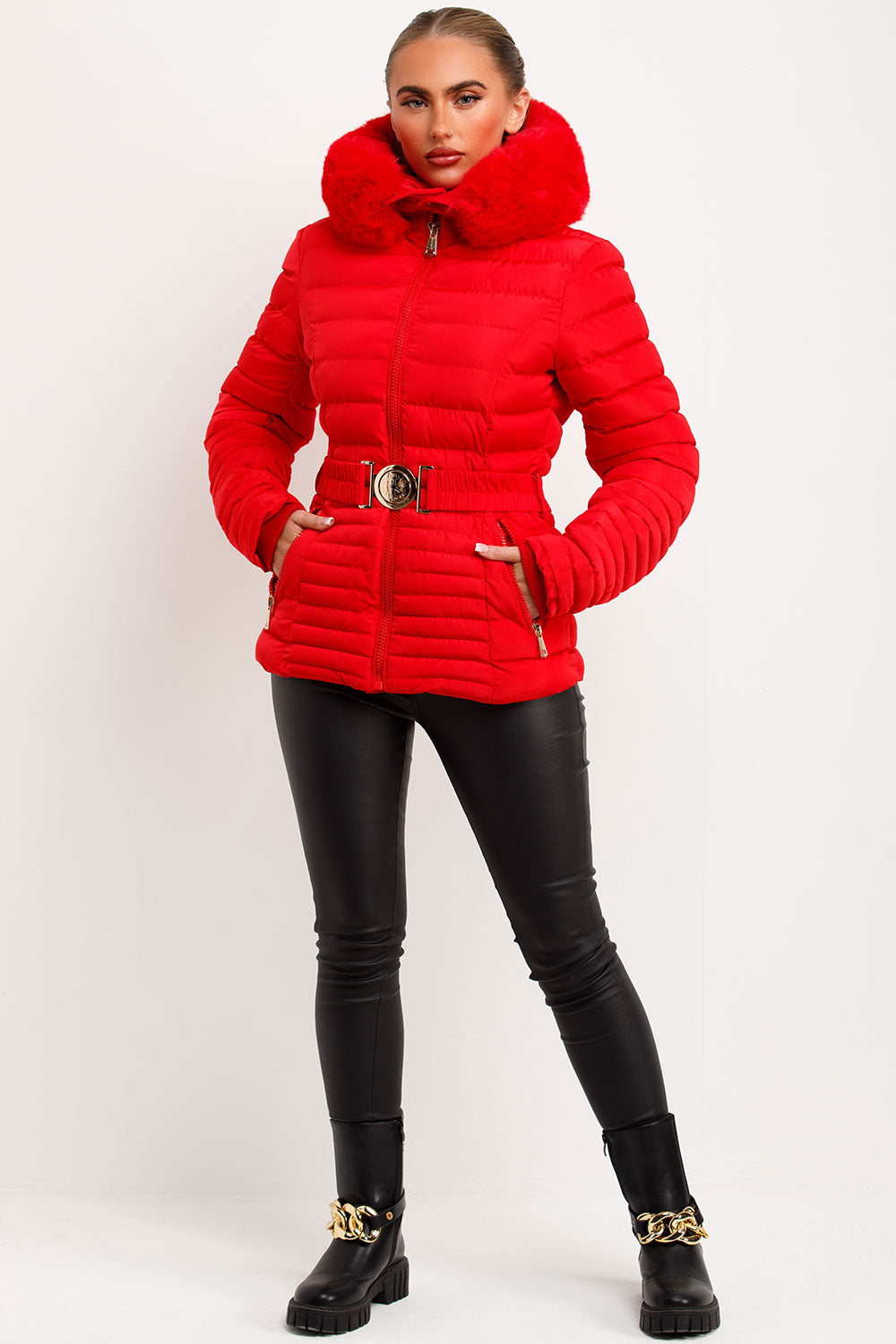 Eleanore | Women’s belted puffer jacket with faux fur hood
