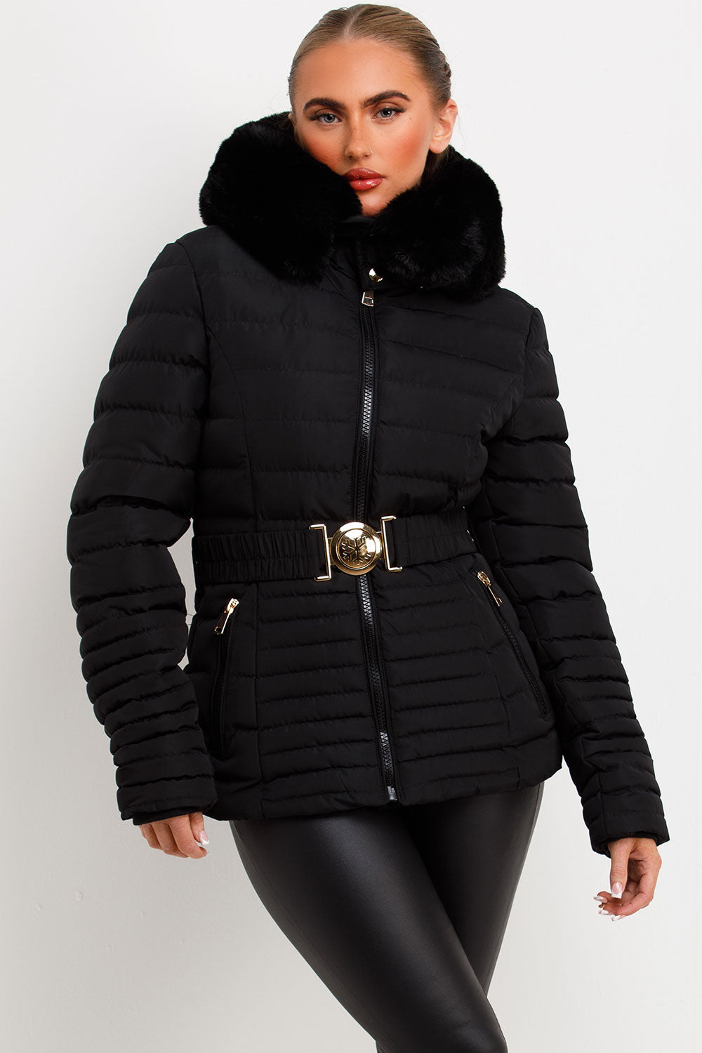 Kahlani | Women’s padded puffer jacket with faux fur hood and belt