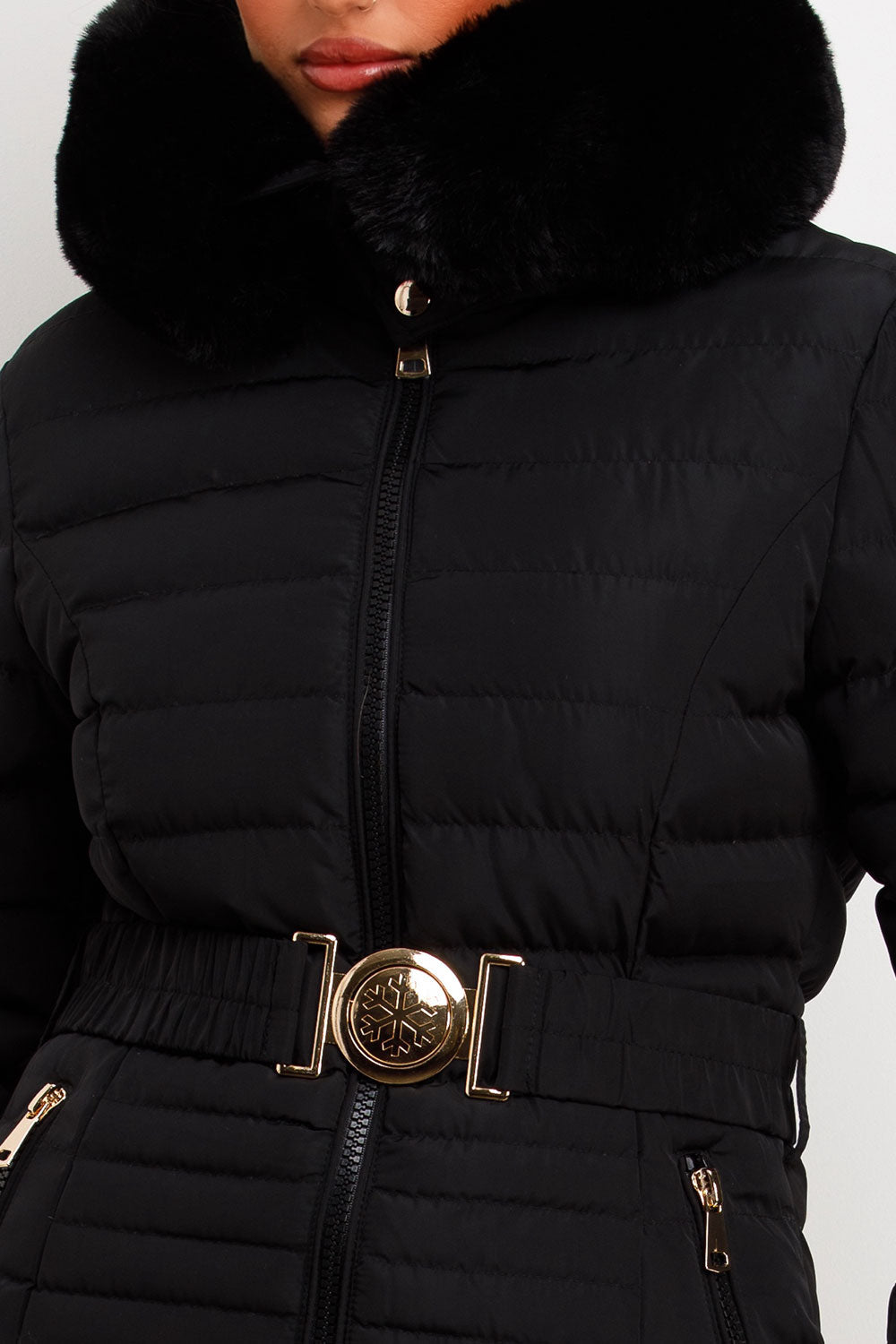 Kahlani | Women’s padded puffer jacket with faux fur hood and belt