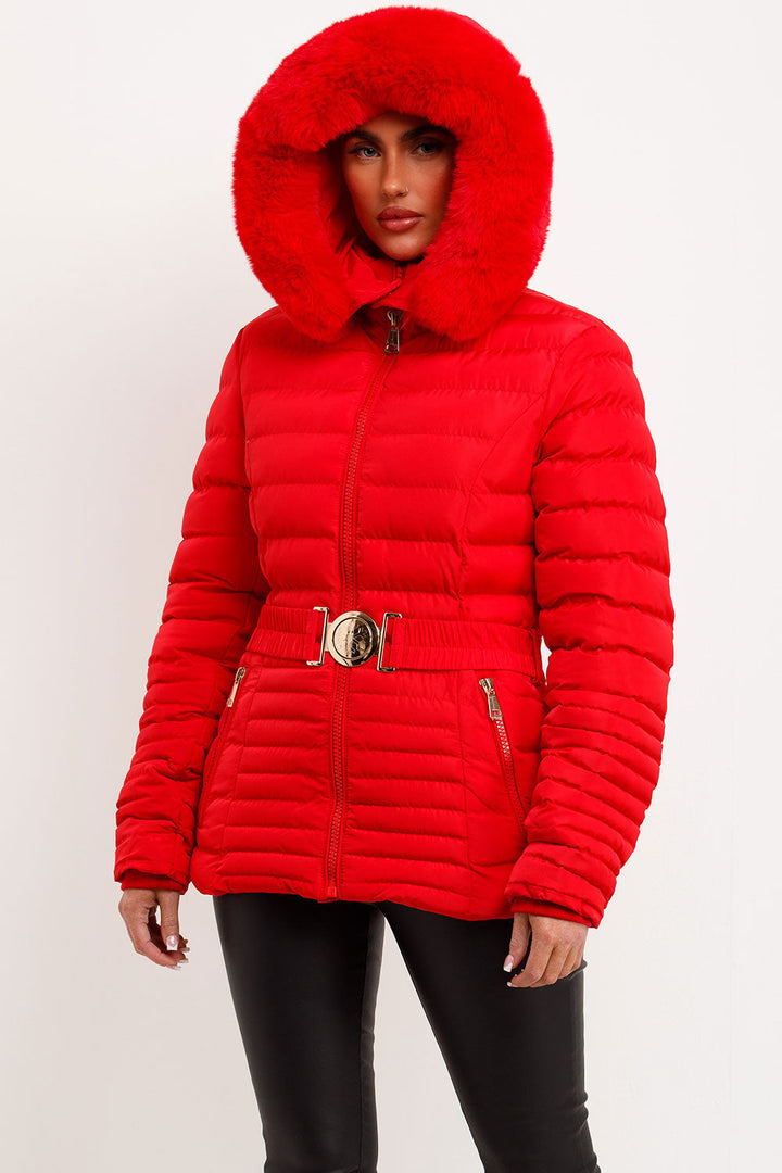 Eleanore | Women’s belted puffer jacket with faux fur hood