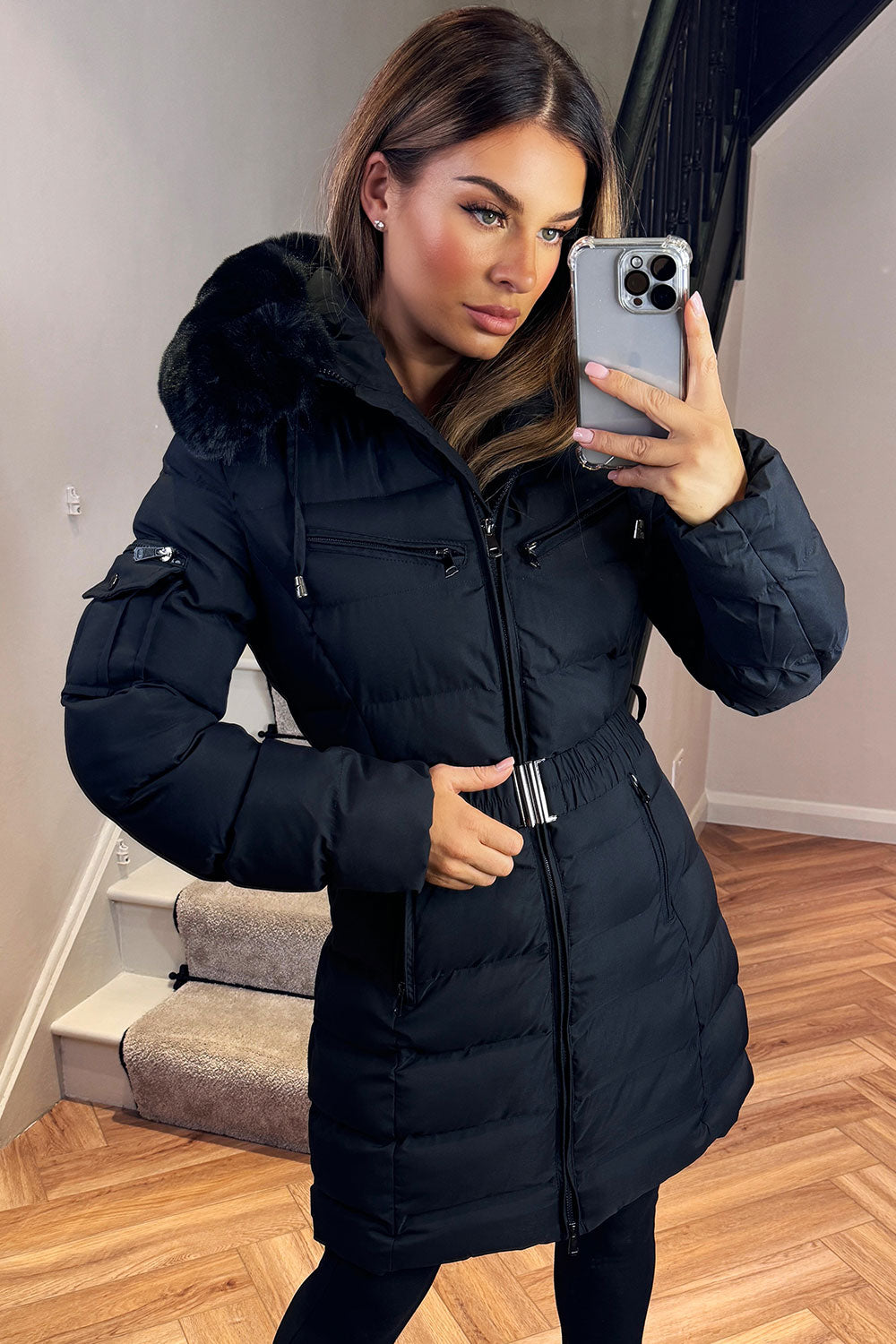 Khloe | Women’s long puffer coat with faux fur hood