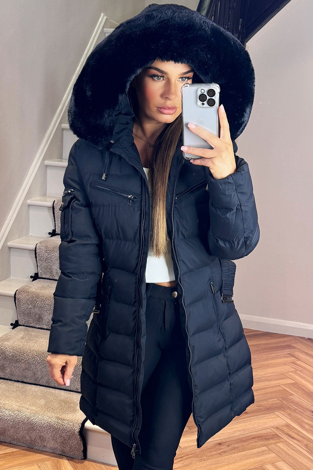 Khloe | Women’s long puffer coat with faux fur hood