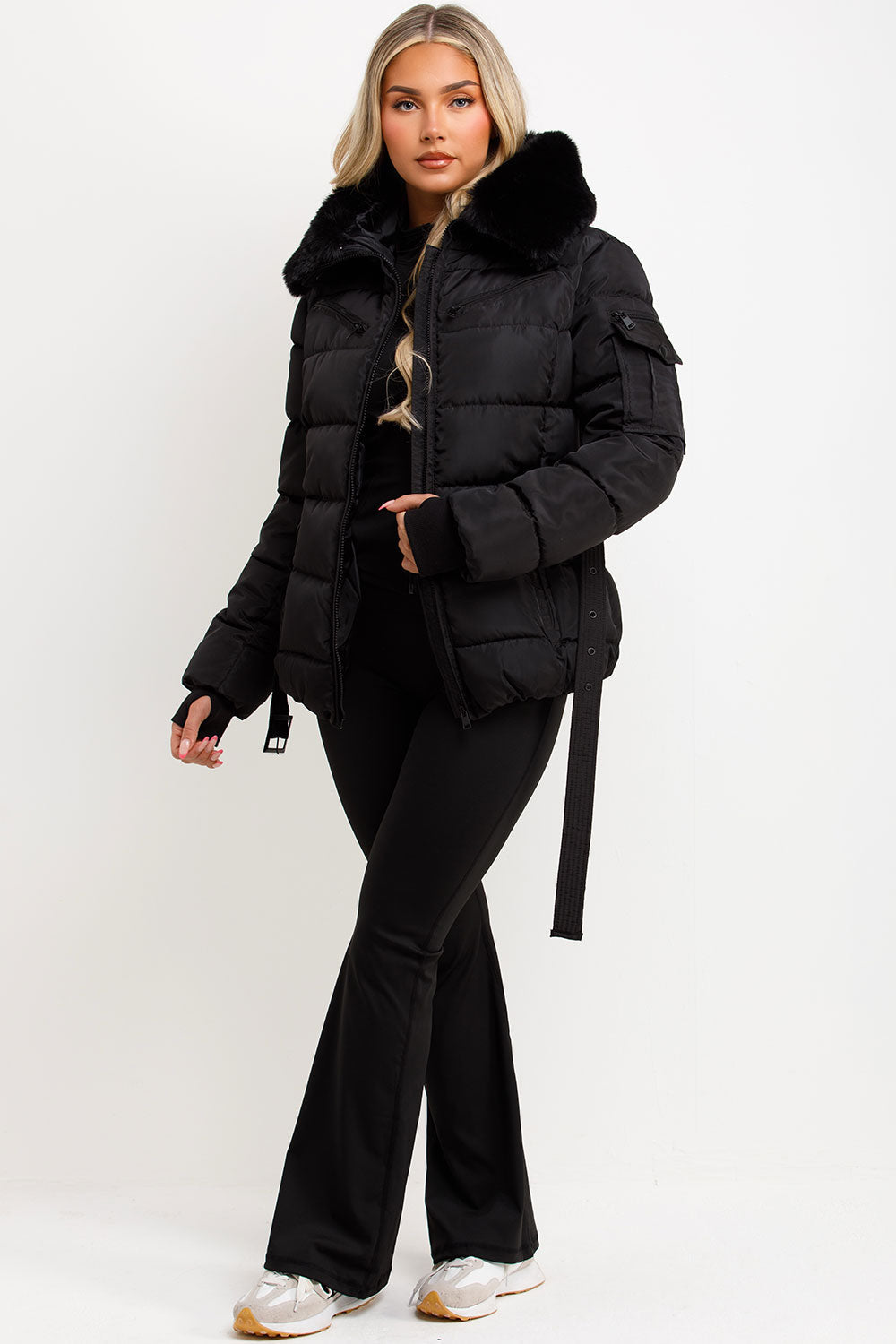 Jaylen | Women’s belted puffer jacket with faux fur hood