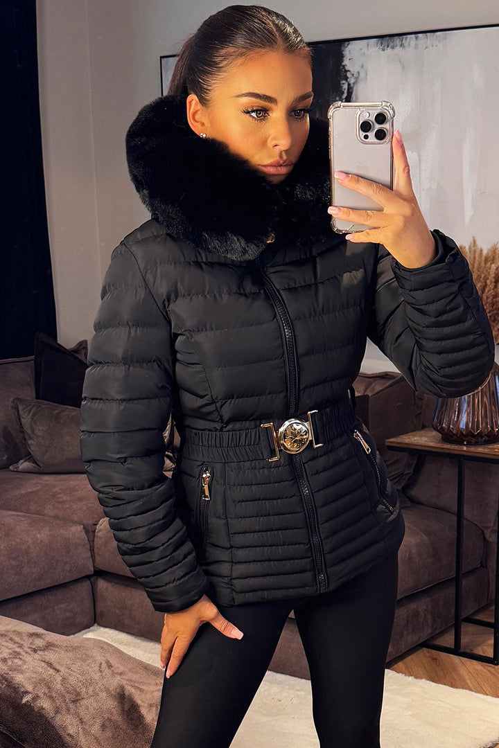 Kahlani | Women’s padded puffer jacket with faux fur hood and belt