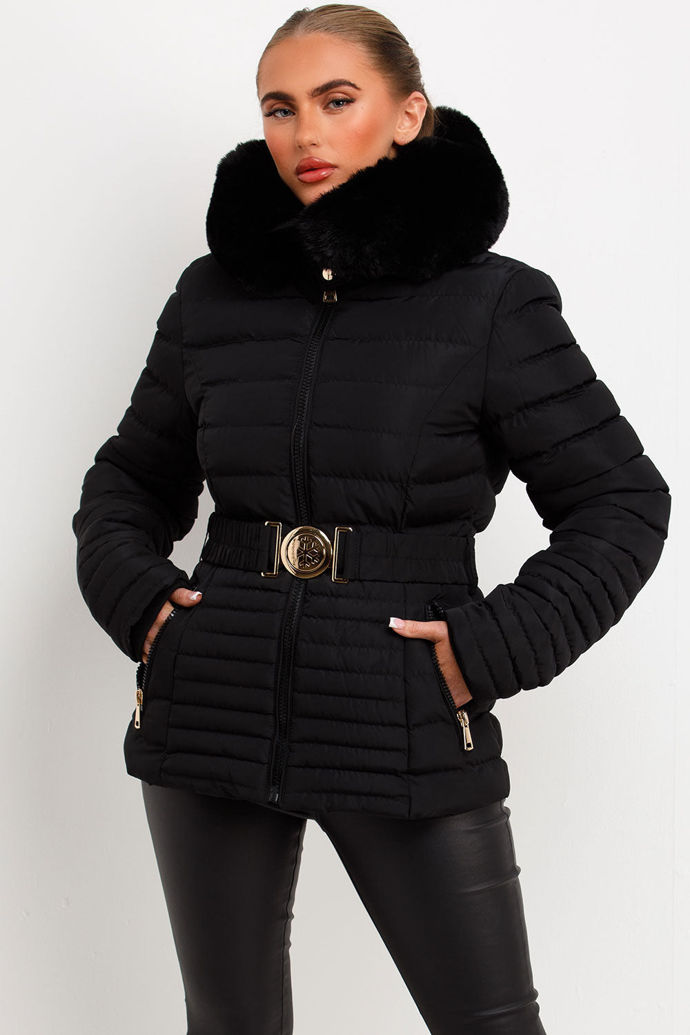 Kahlani | Women’s padded puffer jacket with faux fur hood and belt