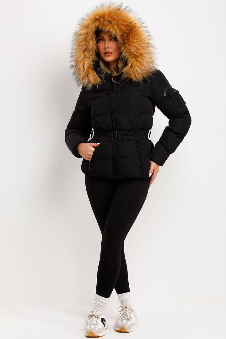 Ameliee | Women’s belted puffer jacket with faux fur hood