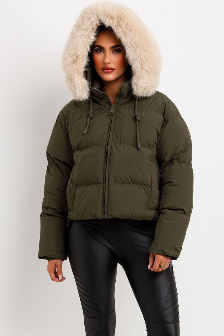 Princess | Women’s cropped puffer jacket with faux fur hood