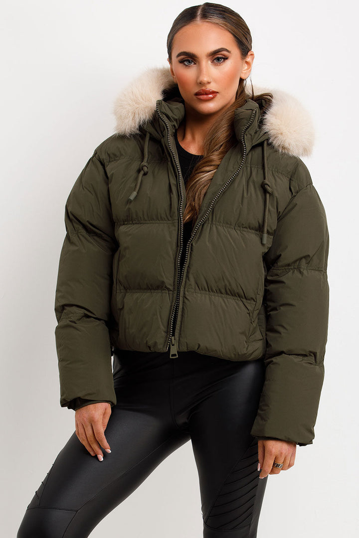 Princess | Women’s cropped puffer jacket with faux fur hood