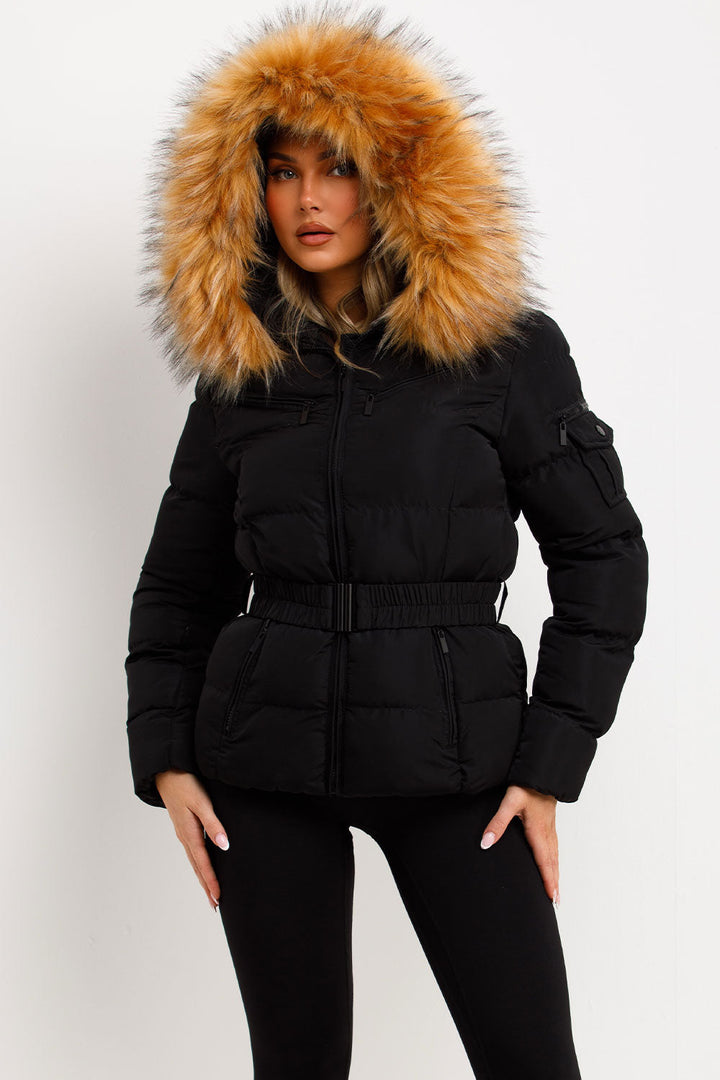 Ameliee | Women’s belted puffer jacket with faux fur hood