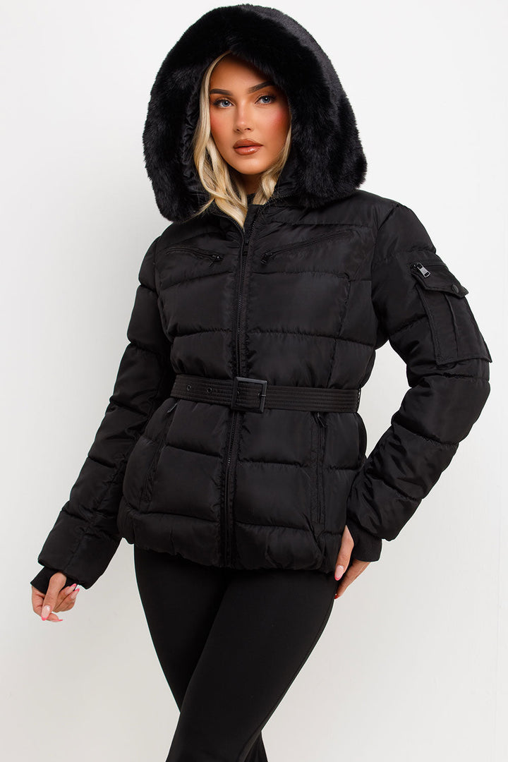 Jaylen | Women’s belted puffer jacket with faux fur hood