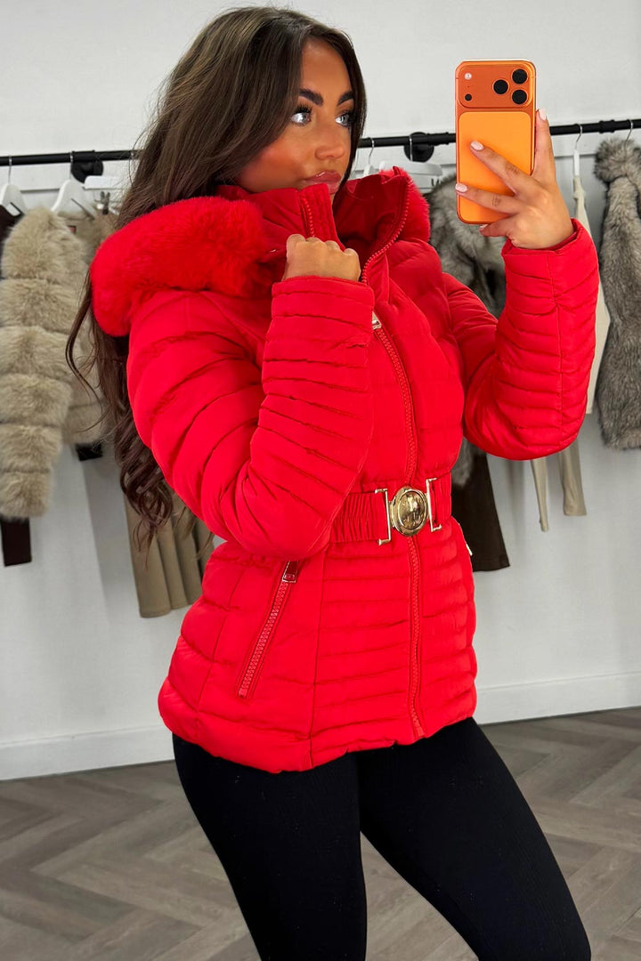 Eleanore | Women’s belted puffer jacket with faux fur hood