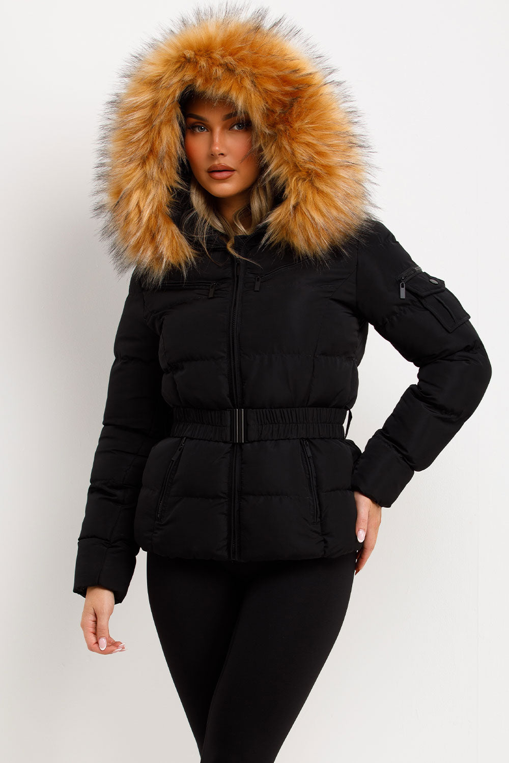 Ameliee | Women’s belted puffer jacket with faux fur hood