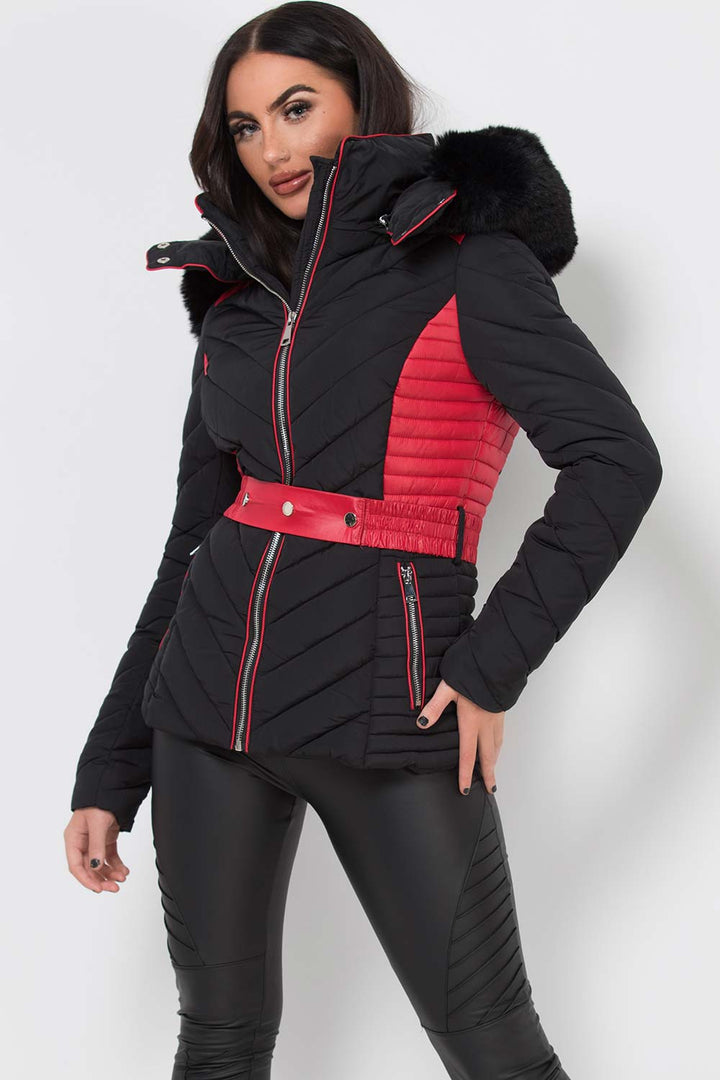 Avayah | Women’s puffer jacket with faux fur hood and belt