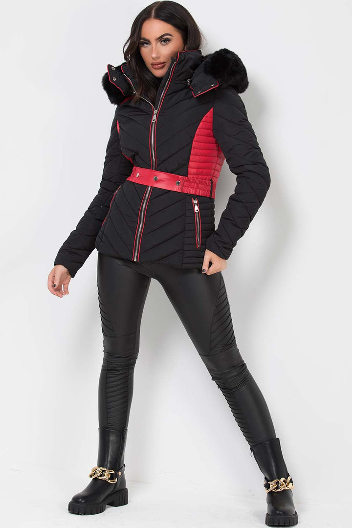 Avayah | Women’s puffer jacket with faux fur hood and belt