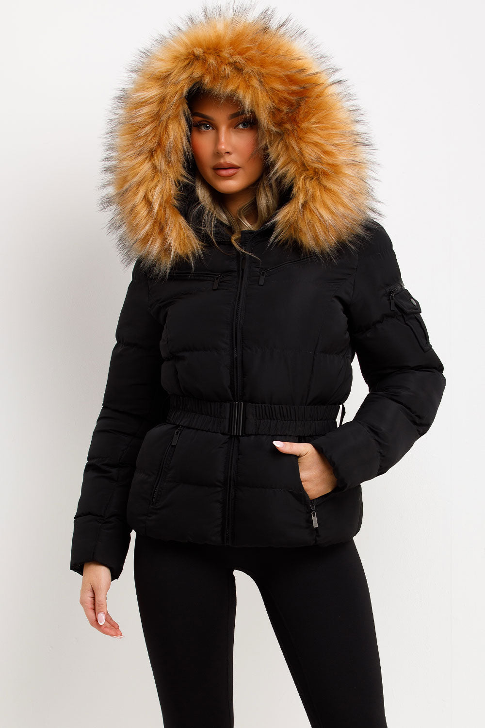Ameliee | Women’s belted puffer jacket with faux fur hood