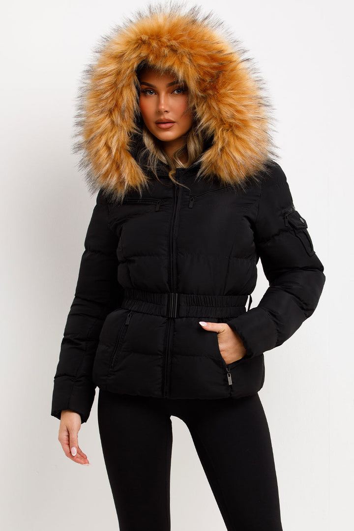 Ameliee | Women’s belted puffer jacket with faux fur hood