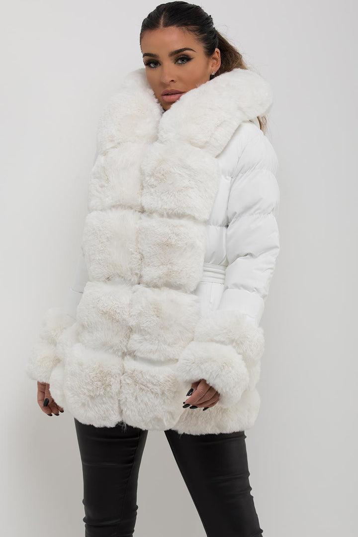 Monica | Women’s faux fur trim hooded puffer jacket with belt