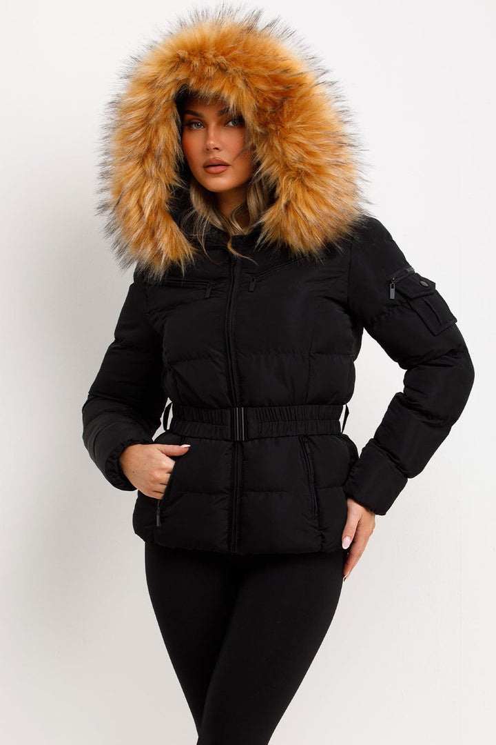 Ameliee | Women’s belted puffer jacket with faux fur hood