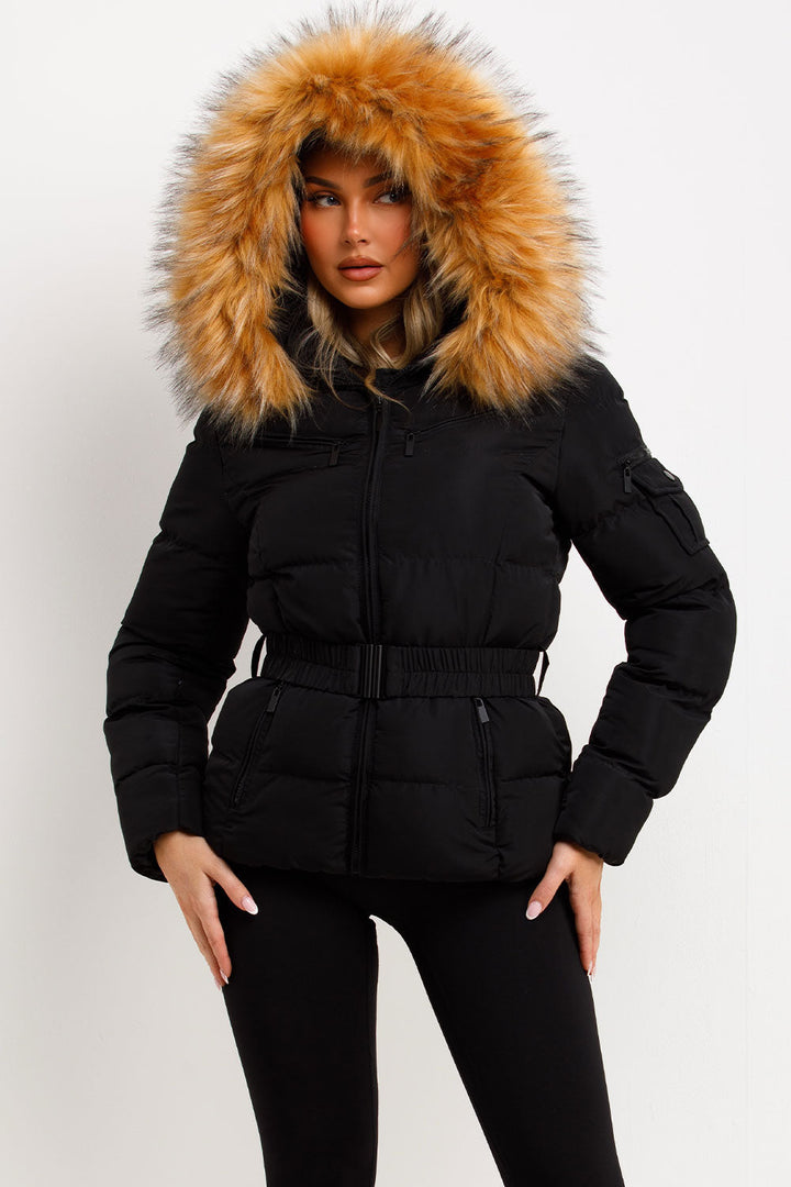 Ameliee | Women’s belted puffer jacket with faux fur hood
