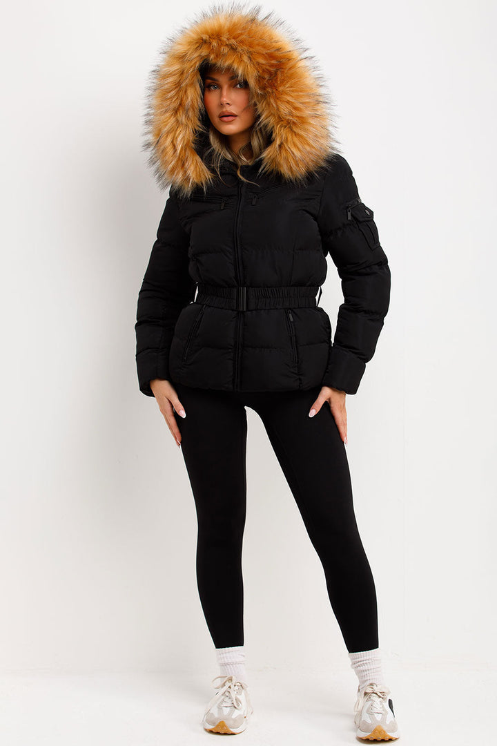 Ameliee | Women’s belted puffer jacket with faux fur hood