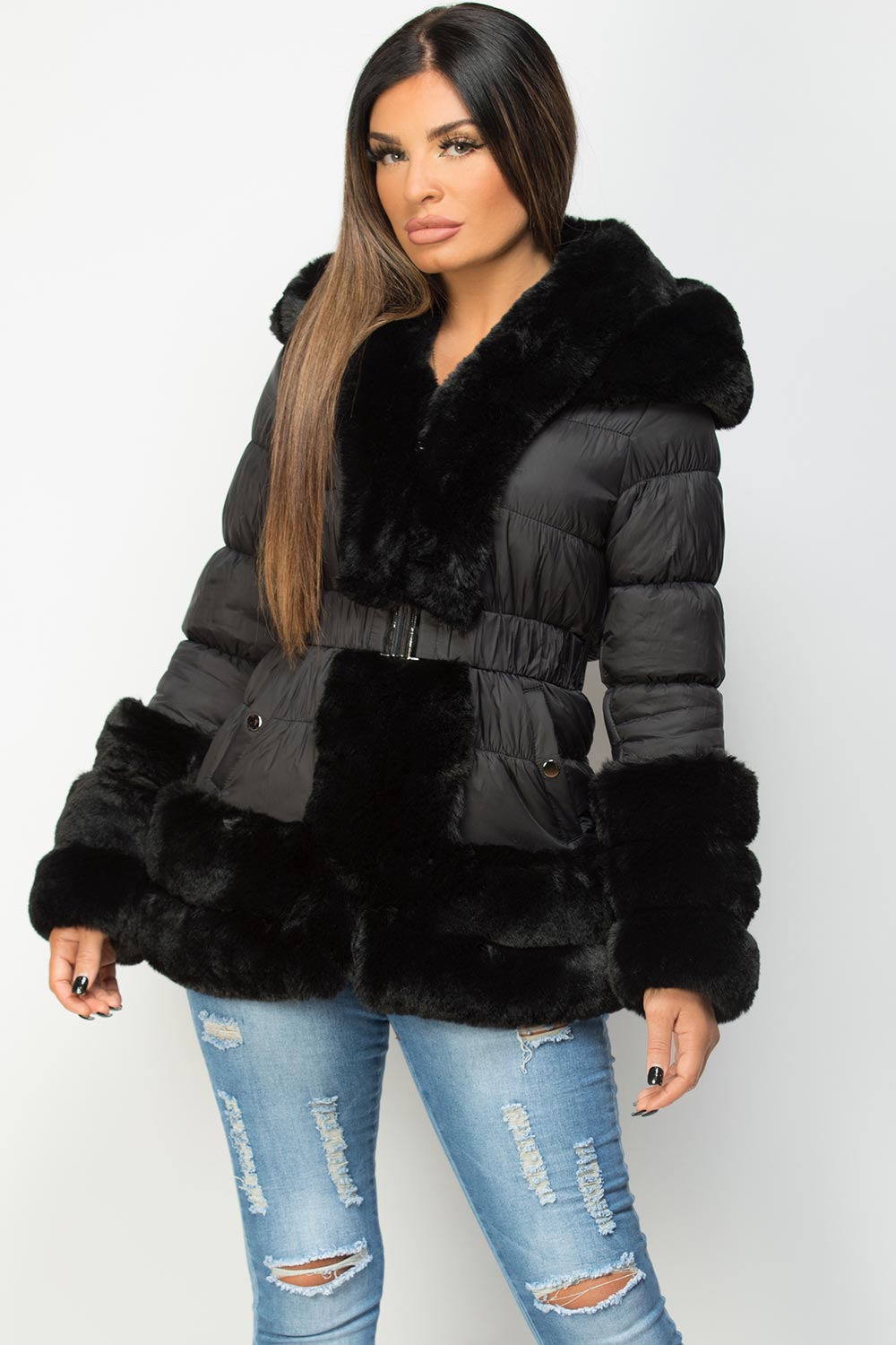 Rayna | Women’s belted puffer jacket with luxury faux fur trim