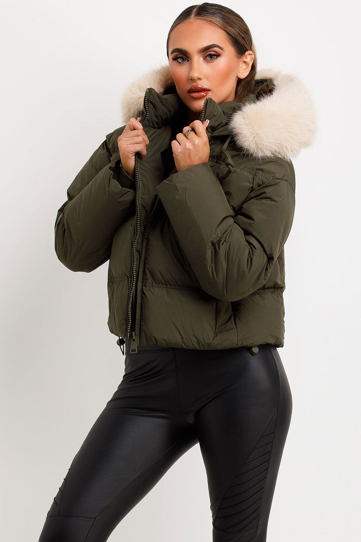 Princess | Women’s cropped puffer jacket with faux fur hood