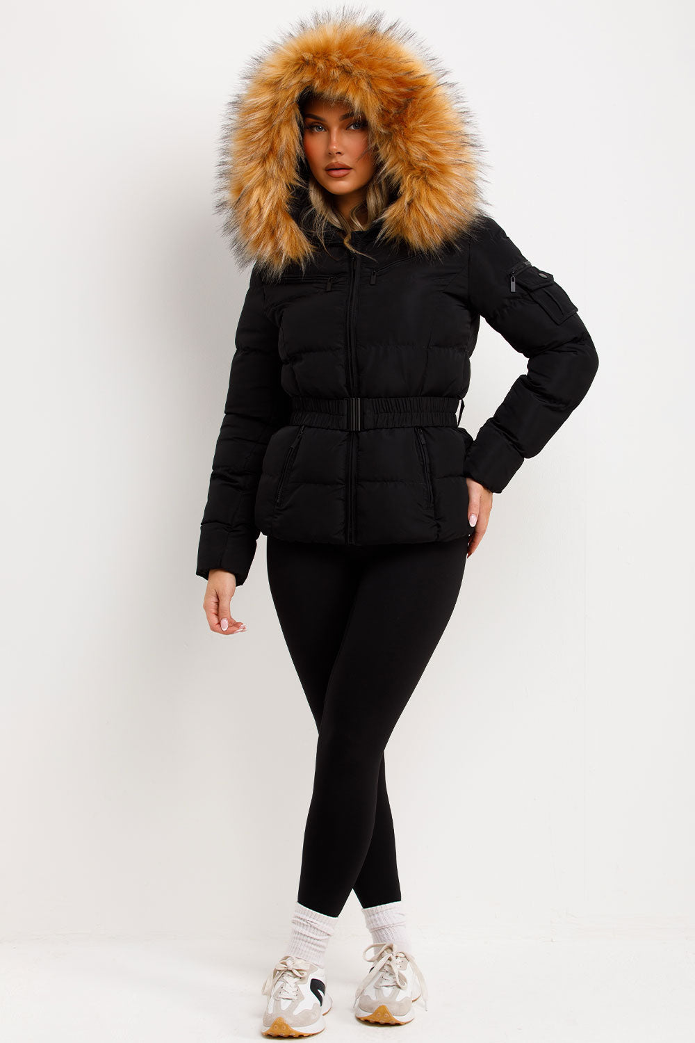 Ameliee | Women’s belted puffer jacket with faux fur hood
