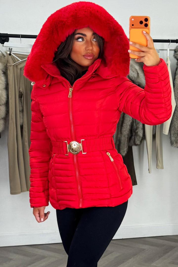 Eleanore | Women’s belted puffer jacket with faux fur hood