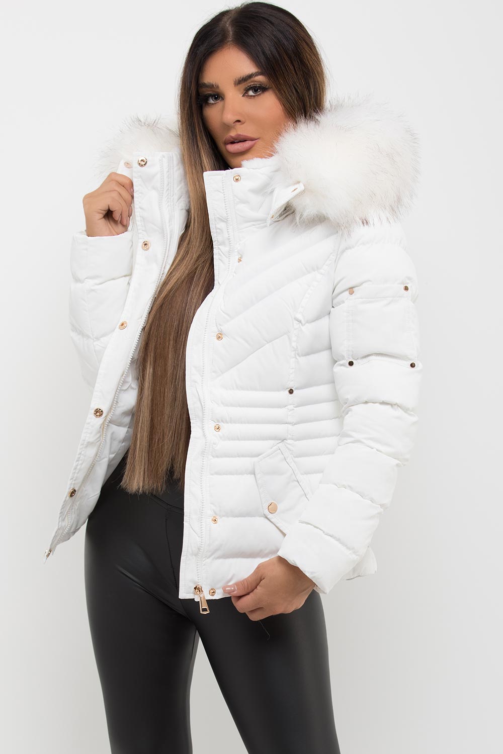 Avalette | Women’s white puffer coat with faux fur hood and padded quilted design