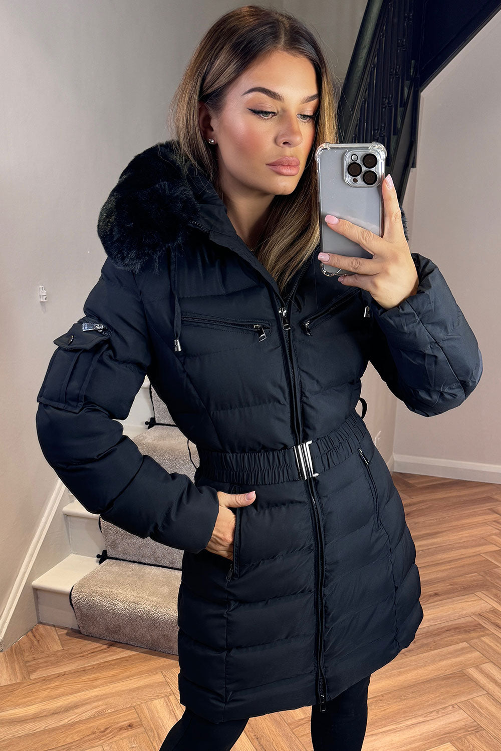 Khloe | Women’s long puffer coat with faux fur hood