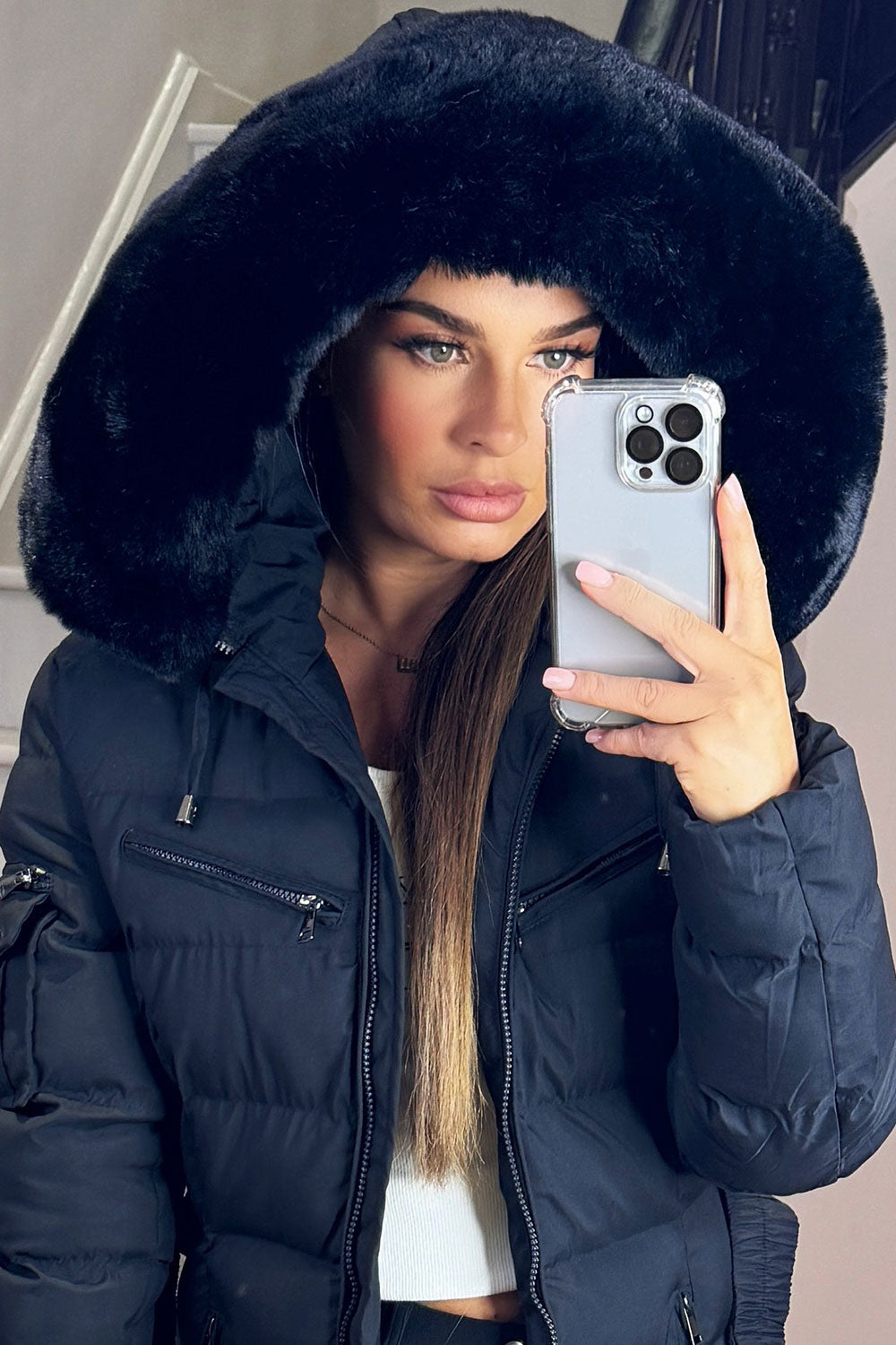 Khloe | Women’s long puffer coat with faux fur hood