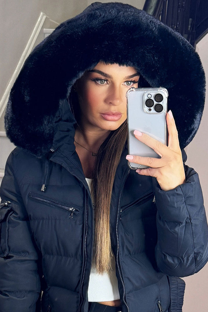 Khloe | Women’s long puffer coat with faux fur hood