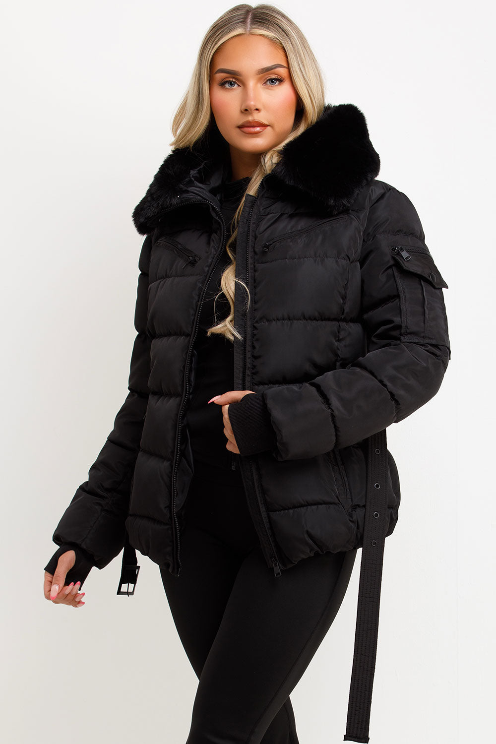 Jaylen | Women’s belted puffer jacket with faux fur hood