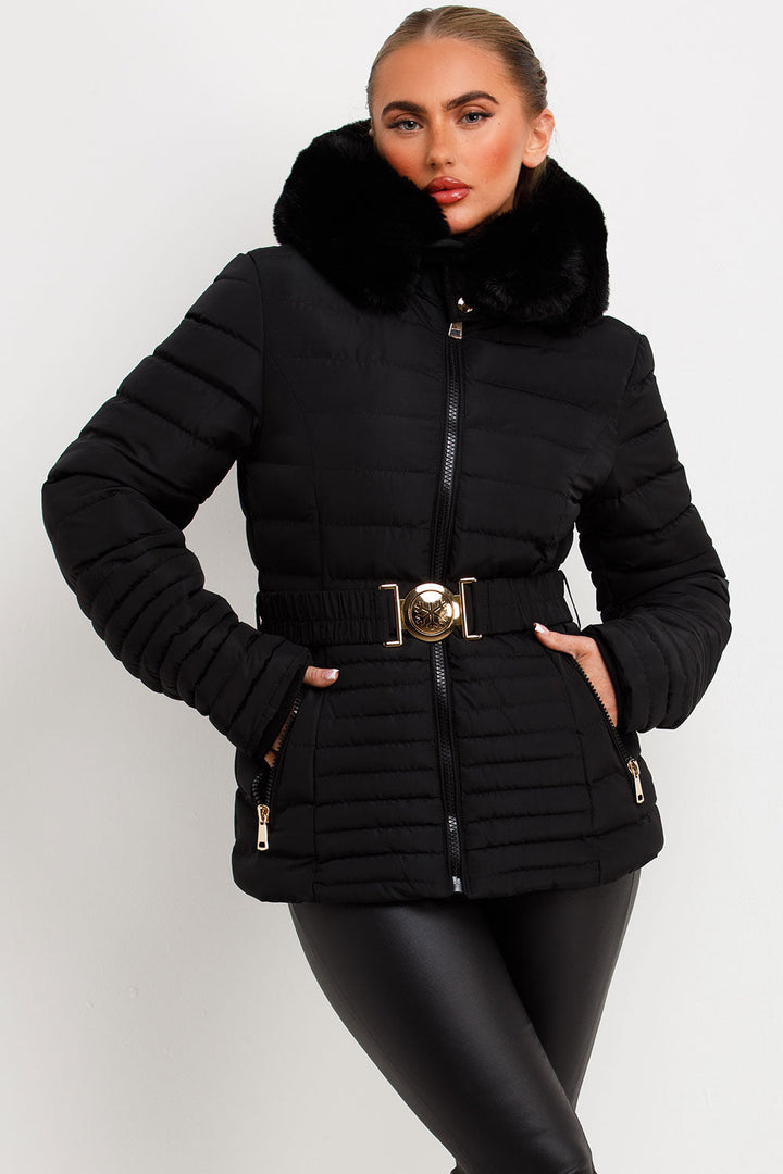 Kahlani | Women’s padded puffer jacket with faux fur hood and belt