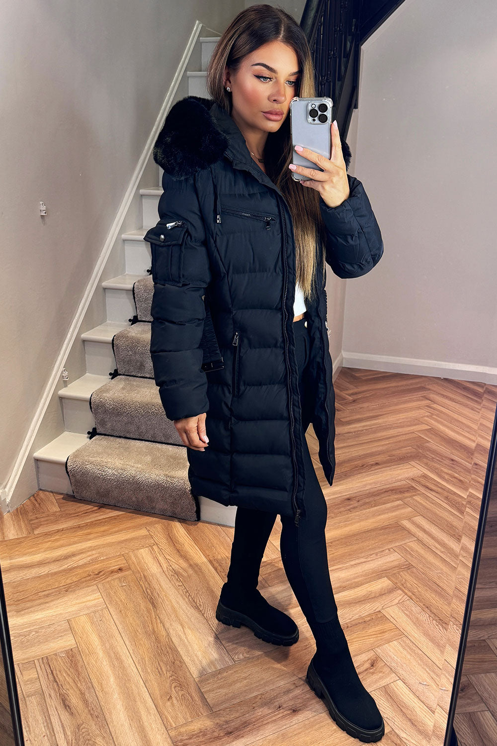 Khloe | Women’s long puffer coat with faux fur hood