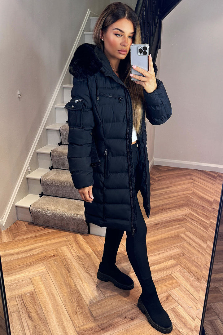 Khloe | Women’s long puffer coat with faux fur hood