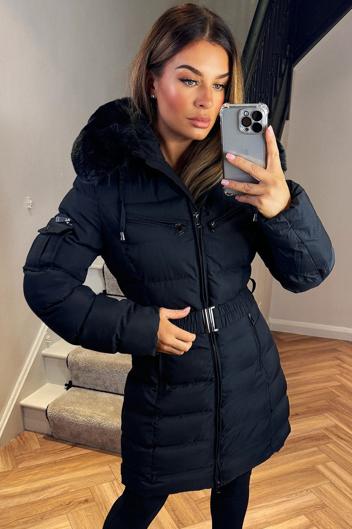 Khloe | Women’s long puffer coat with faux fur hood