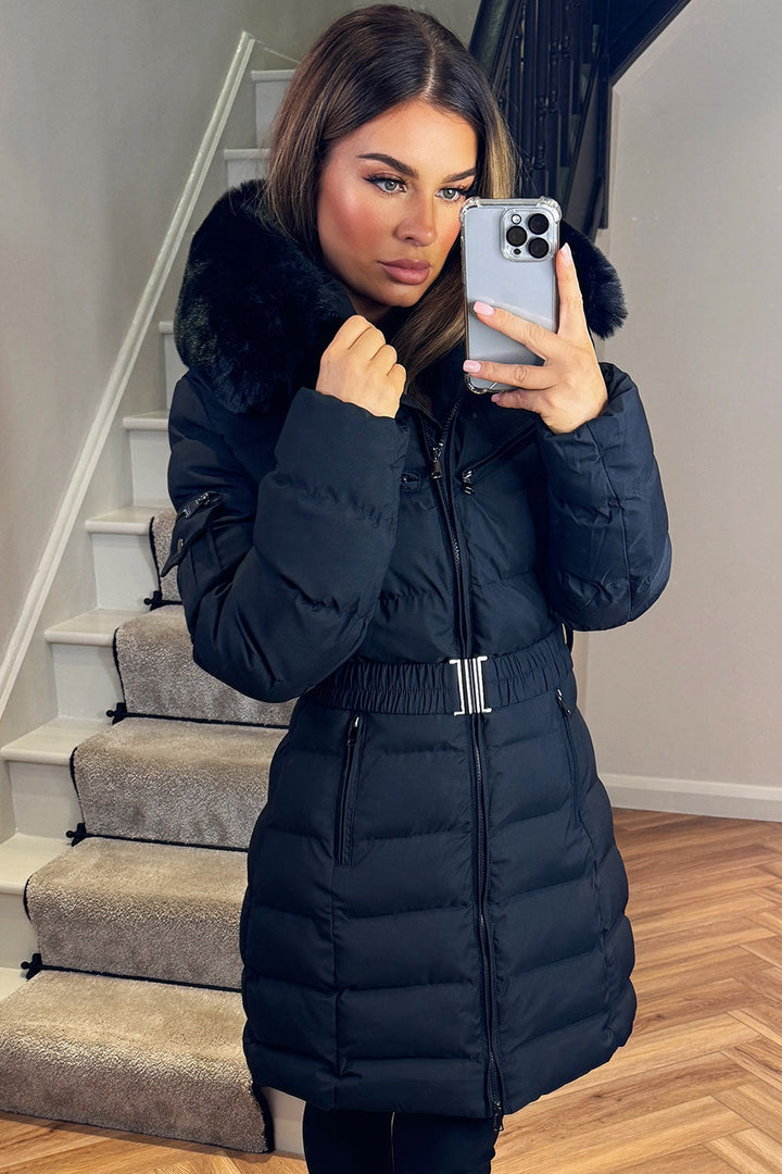 Khloe | Women’s long puffer coat with faux fur hood