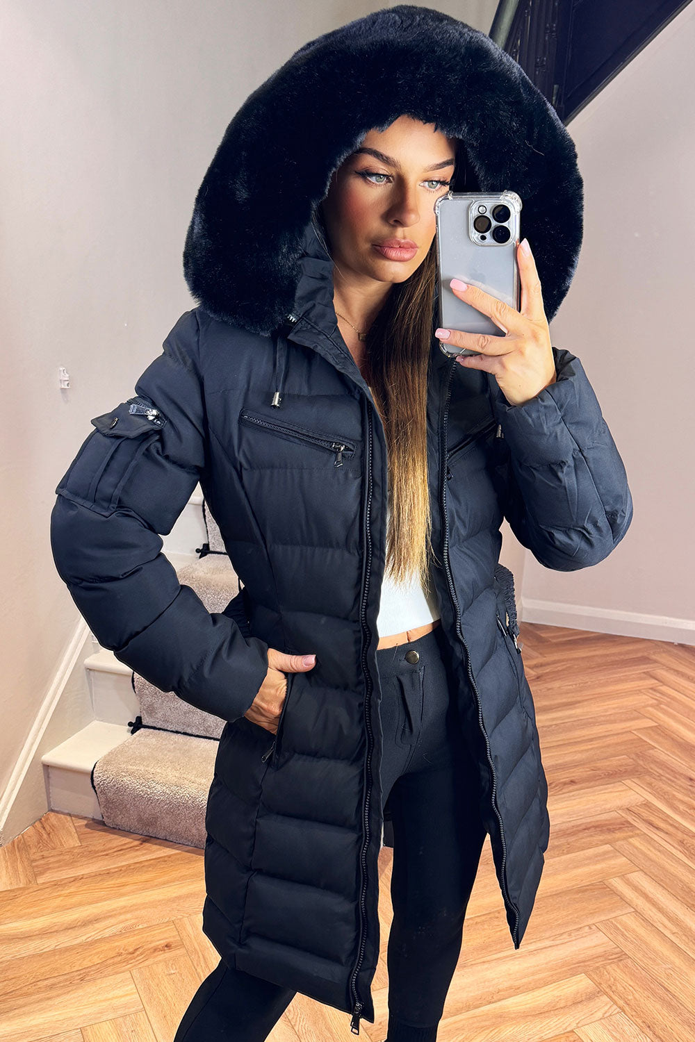 Khloe | Women’s long puffer coat with faux fur hood