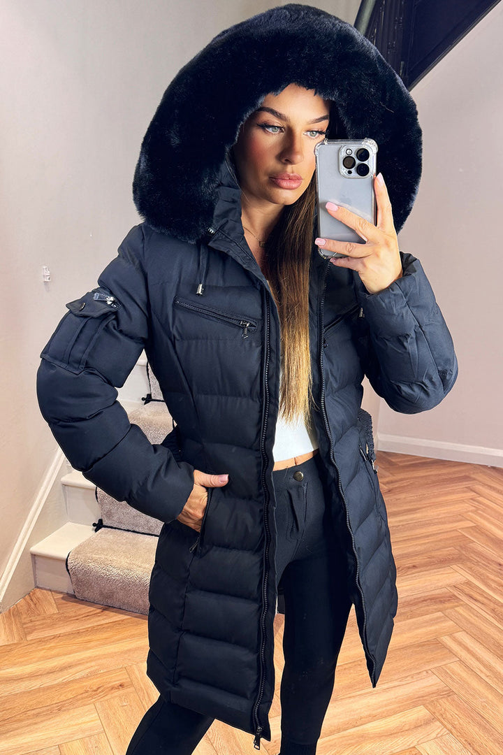 Khloe | Women’s long puffer coat with faux fur hood