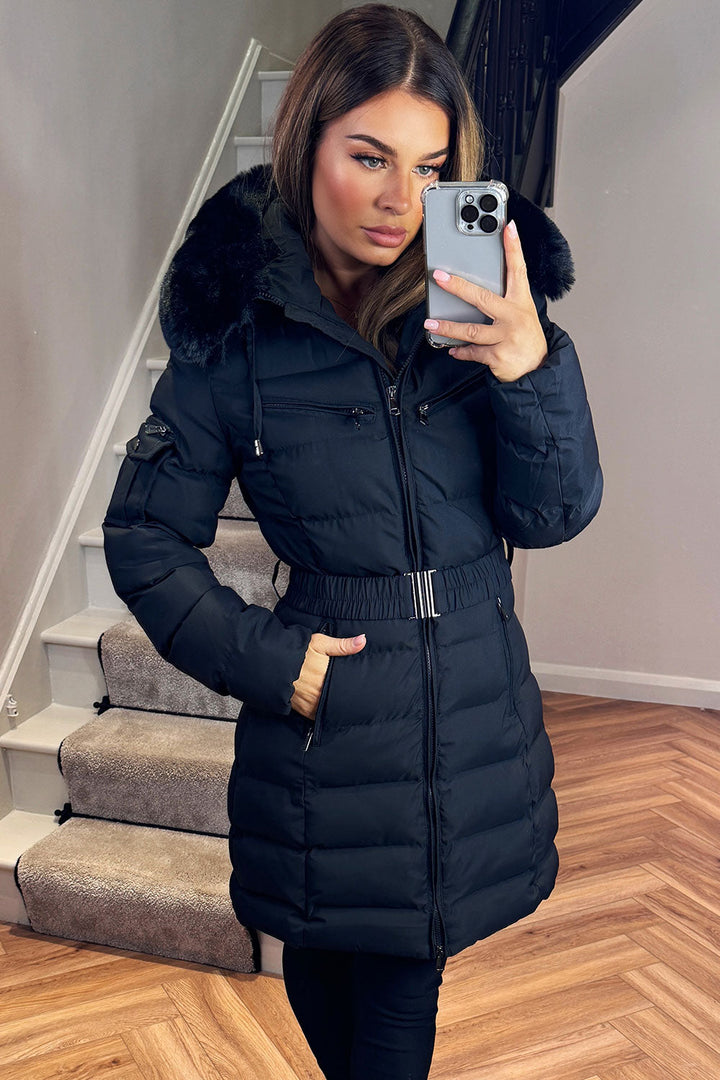 Khloe | Women’s long puffer coat with faux fur hood