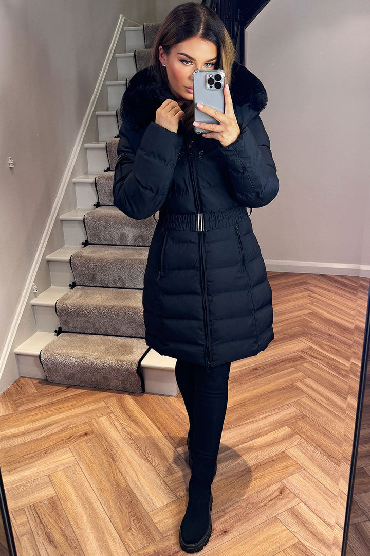 Khloe | Women’s long puffer coat with faux fur hood