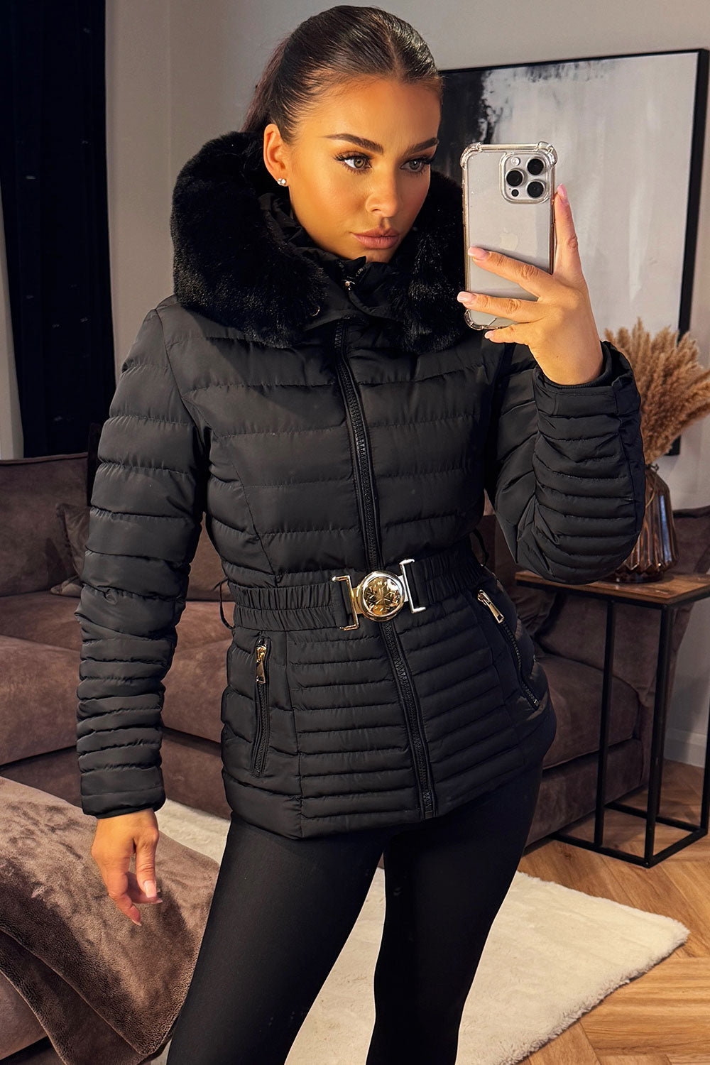 Kahlani | Women’s padded puffer jacket with faux fur hood and belt