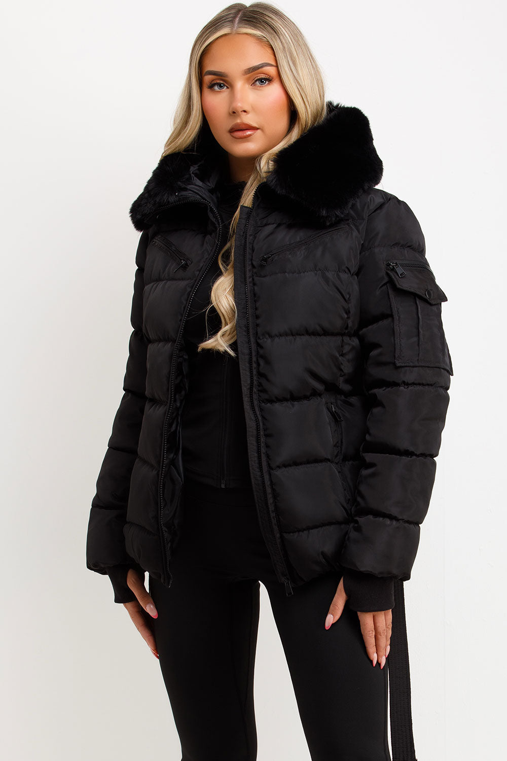 Jaylen | Women’s belted puffer jacket with faux fur hood